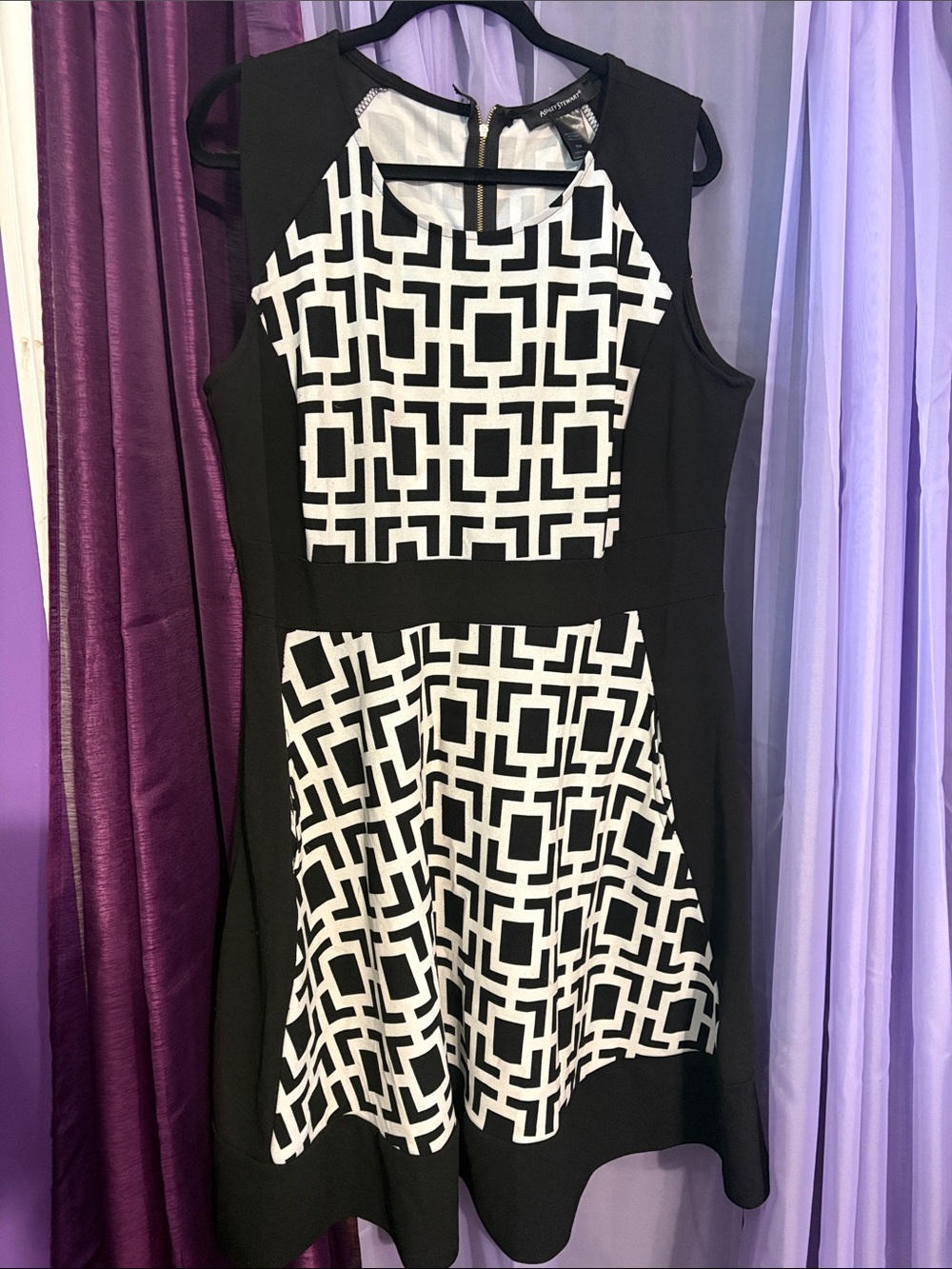 Ashley Stewart, Black & White Geometric Fit-and-Flare Dress